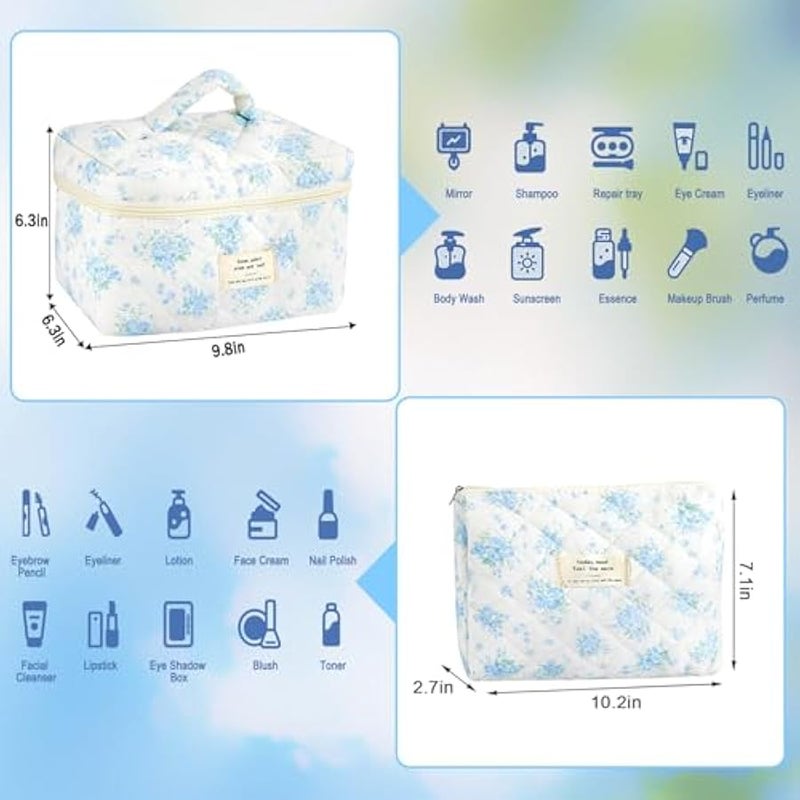 يورسكيتووس شنطة مكياج مبطنة بالقطن للنساء والفتيات من 3 قطع، شنط مستحضرات تجميل صغيرة للسفر بتصميم زهور لطيف، شنطة مكياج بسحاب للمحفظة من القماش الجمالي لتخزين الزهور ومنظم ادوات الزينة - Image 2